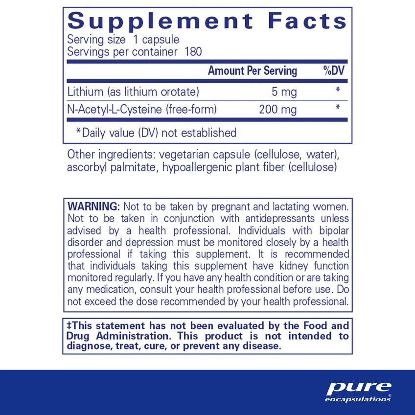 Литий (оротат) / Lithium (orotate), Pure Encapsulations, 5 мг, 180 капсул