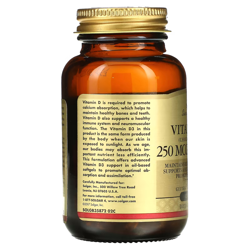 Вітамін D3 (холекальциферол) / Vitamin D3 (Cholecalciferol), Solgar, 250 мкг (10000 МО), 120 гелевих капсул