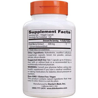 Экстракт ягод годжи / Goji Berry Extract, Doctor's Best, 600 мг, 120 капсул