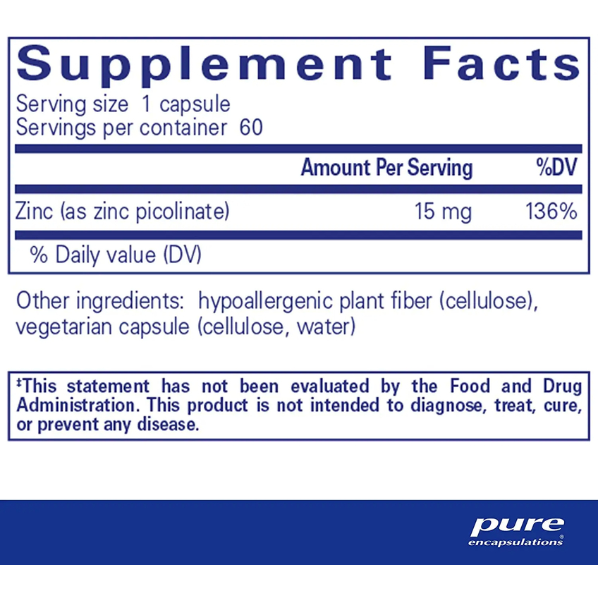 Пиколинат цинка / Zinc, Pure Encapsulations, 15 мг, 60 капсул