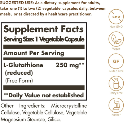Відновлений L-глутатіон / Reduced L-Glutathione, Solgar, 250 мг, 30 вегетарианских капсул