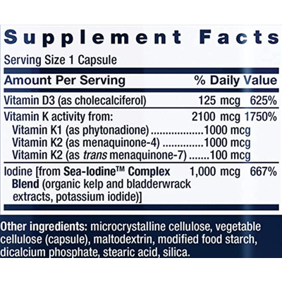 Витамины D и К с йодом / Vitamins D and K with Sea-Iodine, Life Extension, 60 капсул