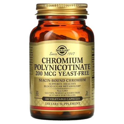 Полінікотинат хрому без дріжджів / Chromium Polynicotinate (yeast-free), Solgar, 200 мкг, 100 вегетаріанських капсул