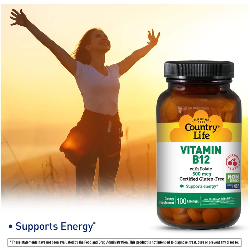 Витамин В12 и фолиевая кислота / Vitamin B12 Sublingual Cherry Flavor, Country Life, 500 мкг, 100 леденцов