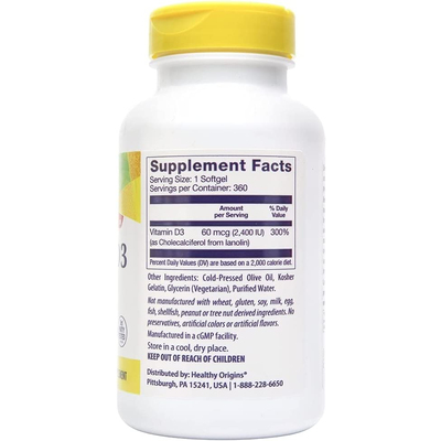 Витамин D3 / Vitamin D3, Healthy Origins, 60 мкг, 360 гелевых капсул