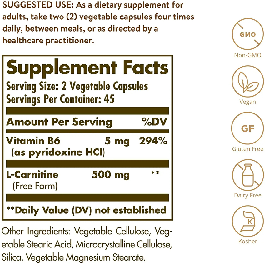 L-карнитин / L-Carnitine, Solgar, 250 мг, 90 вегетарианских капсул