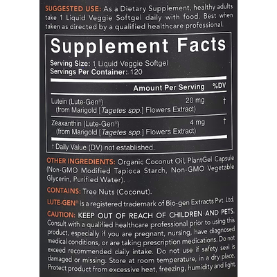 Лютеин и зеаксантин с кокосовым маслом / Lutein and Zeaxanthin with Coconut Oil, Sports Research, 20 мг + 4 мг, 120 вегетарианских гелевых капсул