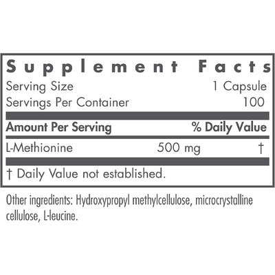 L-метіонін / L-methionine, Nutricology, 500 мг, 100 капсул