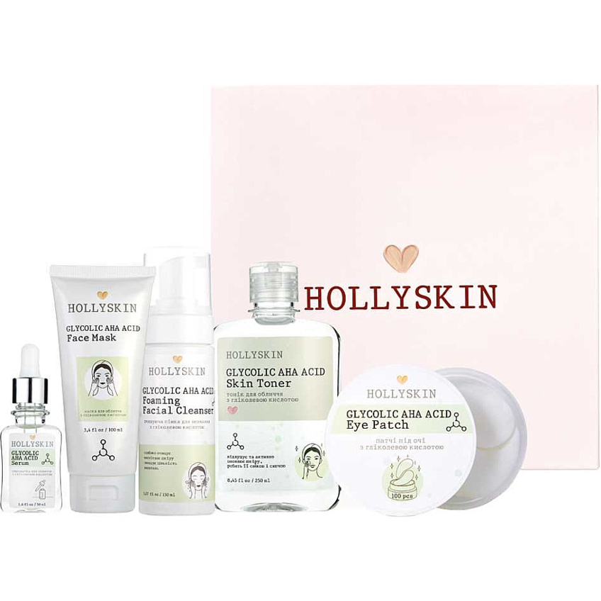 Набір Hollyskin Glycolic AHA Acid Care Maxi Set (сироватка, маска  для обличчя, пінка для вмивання, тонік, патчі під очі)
