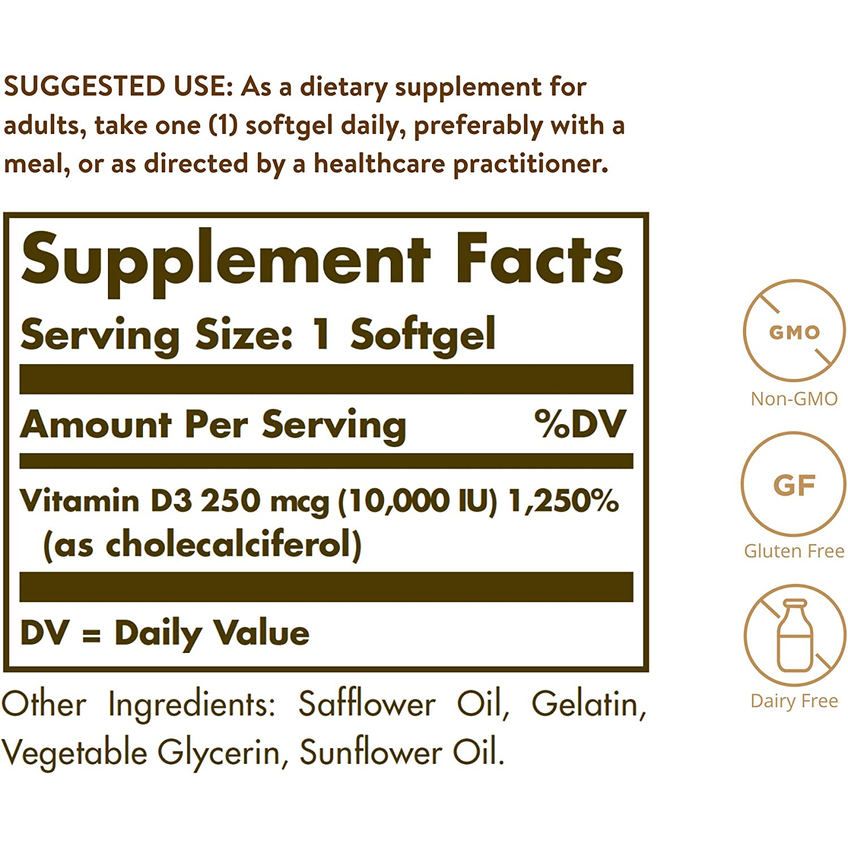 Вітамін D3 (холекальциферол) / Vitamin D3 (Cholecalciferol), Solgar, 250 мкг (10000 МО), 120 гелевих капсул