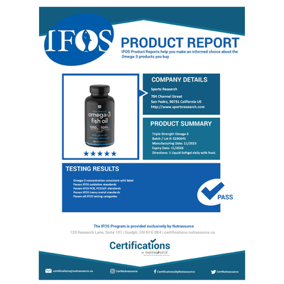 Омега-3 из рыбьего жира тройной силы / Omega-3 Fish Oil, Triple Strength, Sports Research, 1250 мг / 1055 мг, 30 гелевых капсул