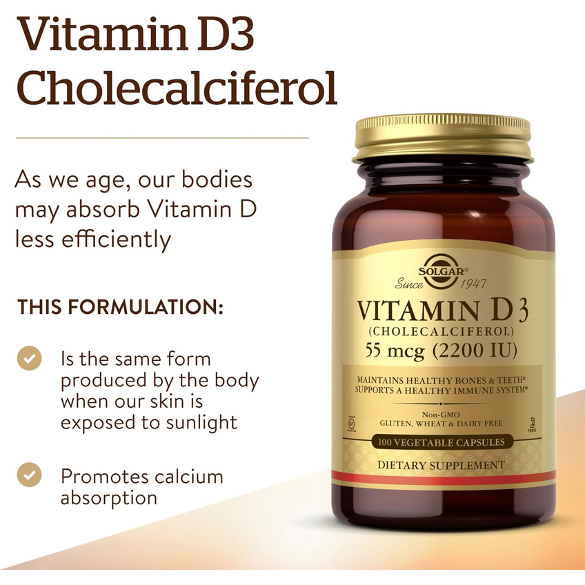 Вітамін D3 (холекальциферол) / Vitamin D3 (Cholecalciferol), Solgar, 55 мкг (2200 МО), 100 вегетаріанських капсул