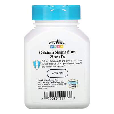 Кальций, магний, цинк + D3 / Calcium, Magnesium, Zinc + D3, 21st Century, 90 таблеток