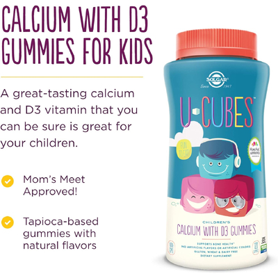 Кальций с витамином D3 для детей со вкусом клубники / Childrens Calcium with D3, Strawberry, U-Cubes, Solgar, 125 мг, 120 жевательных конфет
