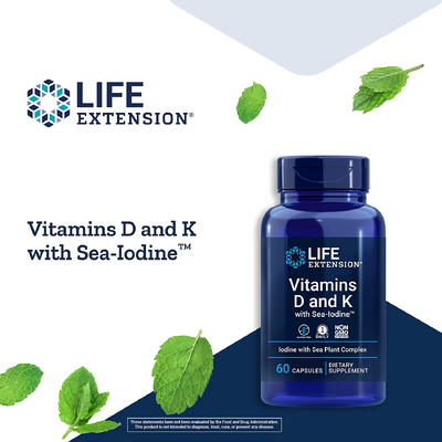 Витамины D и К с йодом / Vitamins D and K with Sea-Iodine, Life Extension, 60 капсул
