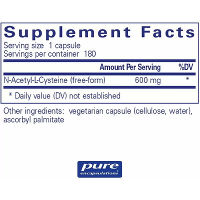 N-ацетилцистеин / NAC, Pure Encapsulations, 600 мг, 180 капсул
