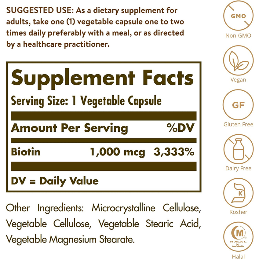 Біотин / Biotin, Solgar, 1000 мкг, 100 вегетаріанських капсул