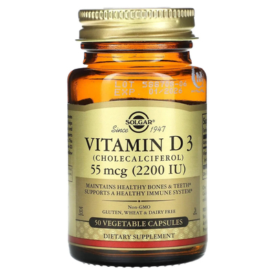Вітамін D3 (холекальциферол) / Vitamin D3 (Cholecalciferol), Solgar, 55 мкг (2200 МО), 50 вегетаріанських капсул