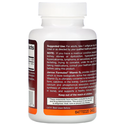 Вітамін D3 холекальциферол / Vitamin D3 Cholecalciferol, Jarrow Formulas, 25 мкг, 100 гелевих капсул