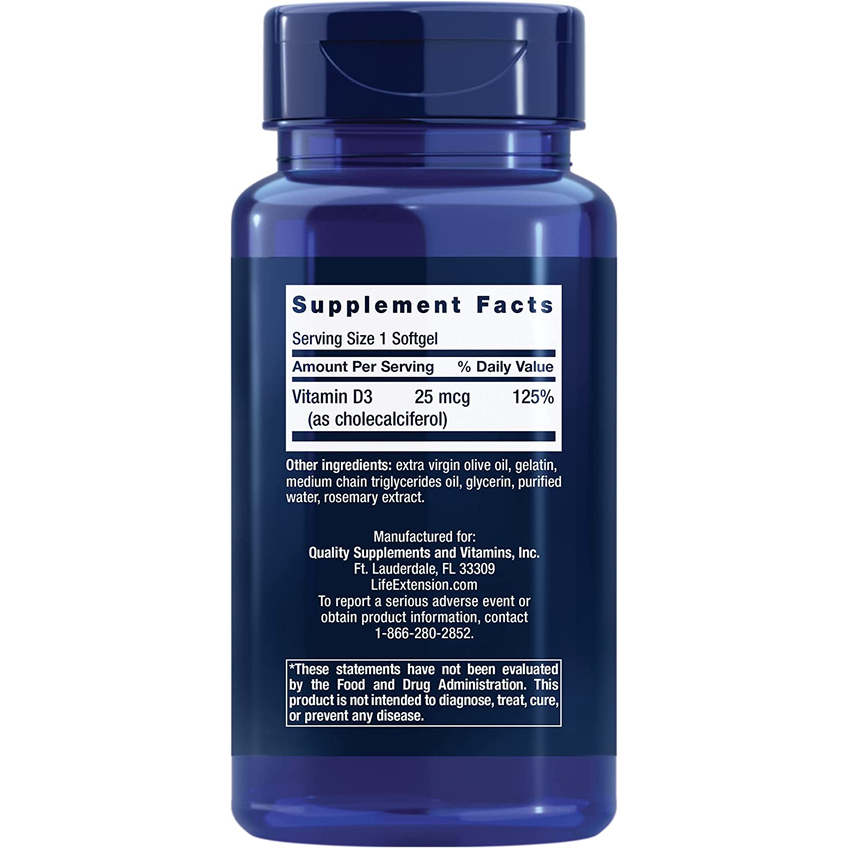 Вітамін D3 / Vitamin D3, Life Extension, 25 мкг, 90 гелевих капсул