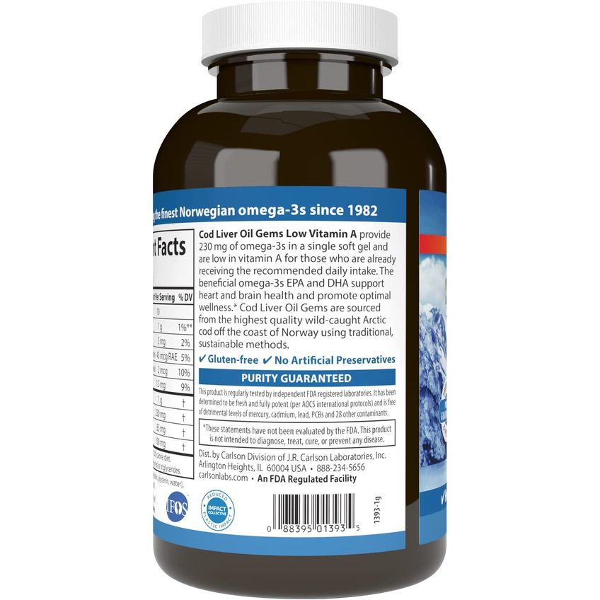 Жир печінки тріски з вітаміном А з лимонним смаком / Cod Liver Oil Gems Low Vitamin A Lemon Flavor, Carlson Labs, 300 гелевих капсул