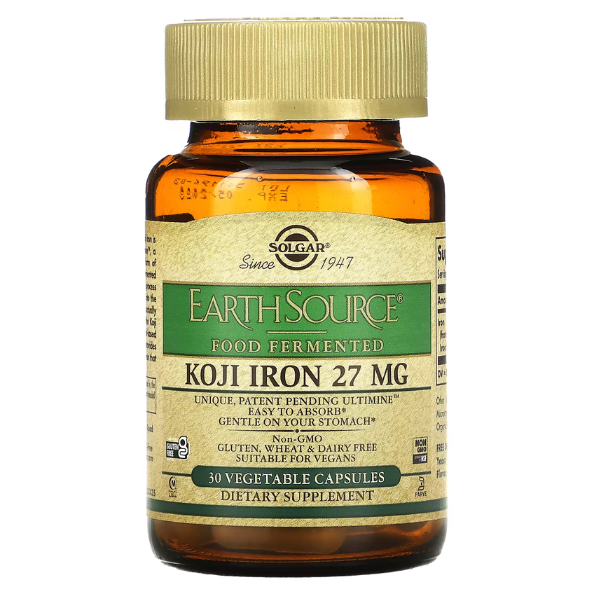 Железо коджи ферментированное / EarthSource Food Fermented Koji Iron, Solgar, 27 мг, 30 вегетарианских капсул