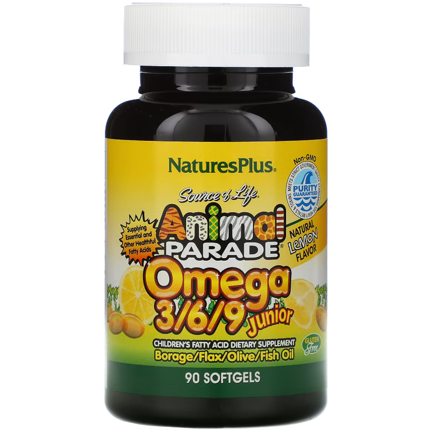 Омега-3-6-9 юниор со вкусом лимона / Source of Life Animal Parade Omega-3-6-9 Junior Lemon Flavor, Nature's Plus, 90 гелевых капсул