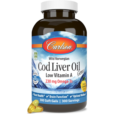 Жир печінки тріски з вітаміном А з лимонним смаком / Cod Liver Oil Gems Low Vitamin A Lemon Flavor, Carlson Labs, 300 гелевих капсул