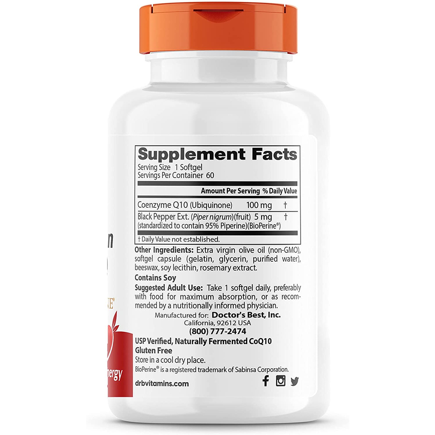 Коэнзим Q10 с высокой степенью усвоения с биоперином / CoQ10 with BioPerine, Doctor's Best, 100 мг, 60 гелевых капсул