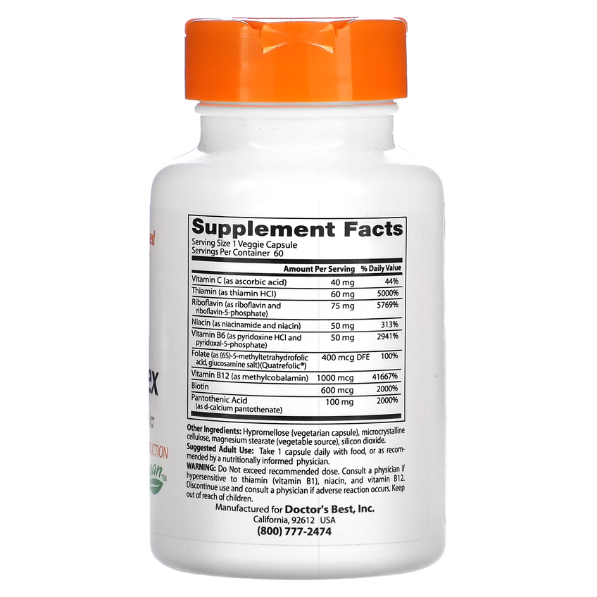 Повністю активний комплекс вітамінів групи B із Quatrefolic / Fully Active B Complex with Quatrefolic, Doctor's Best, 60 вегетаріанських капсул