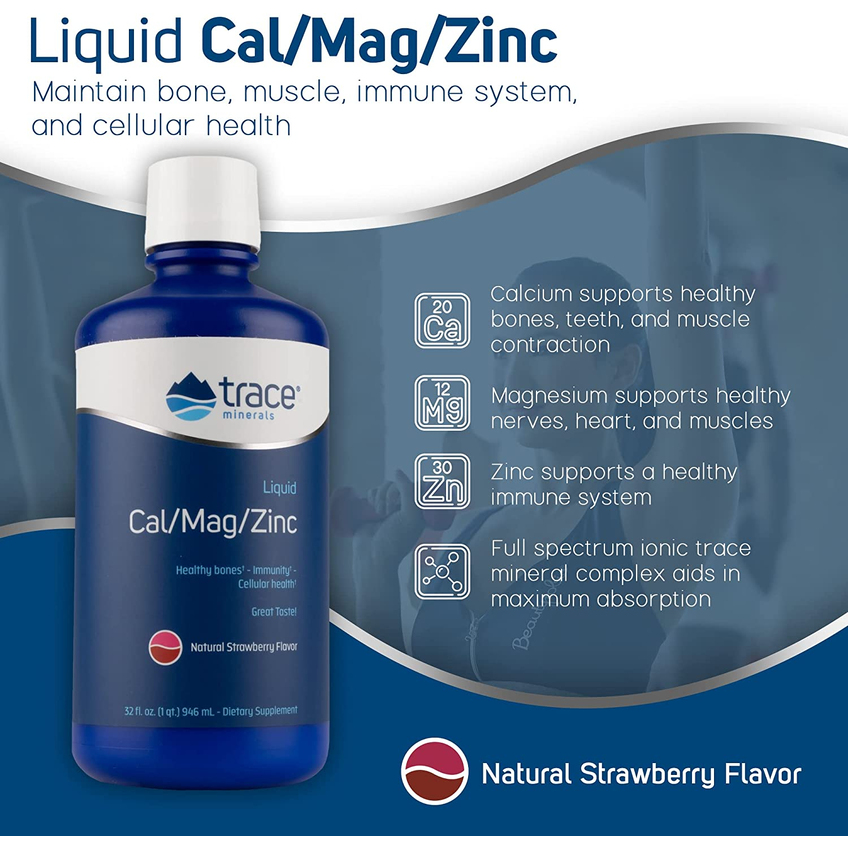 Жидкая добавка с кальцием, магнием и цинком со вкусом клубники / Liquid Cal/Mag/Zinc, Trace Minarals Research, 946 мл