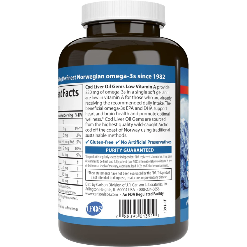 Жир печінки тріски з вітаміном А з лимонним смаком / Cod Liver Oil Gems Low Vitamin A Lemon Flavor, Carlson Labs, 150 гелевих капсул