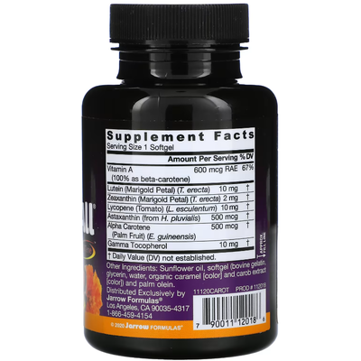 Комплекс из смеси каротиноидов / CarotenALL Mixed Carotenoids Complex, Jarrow Formulas, 60 гелевых капсул