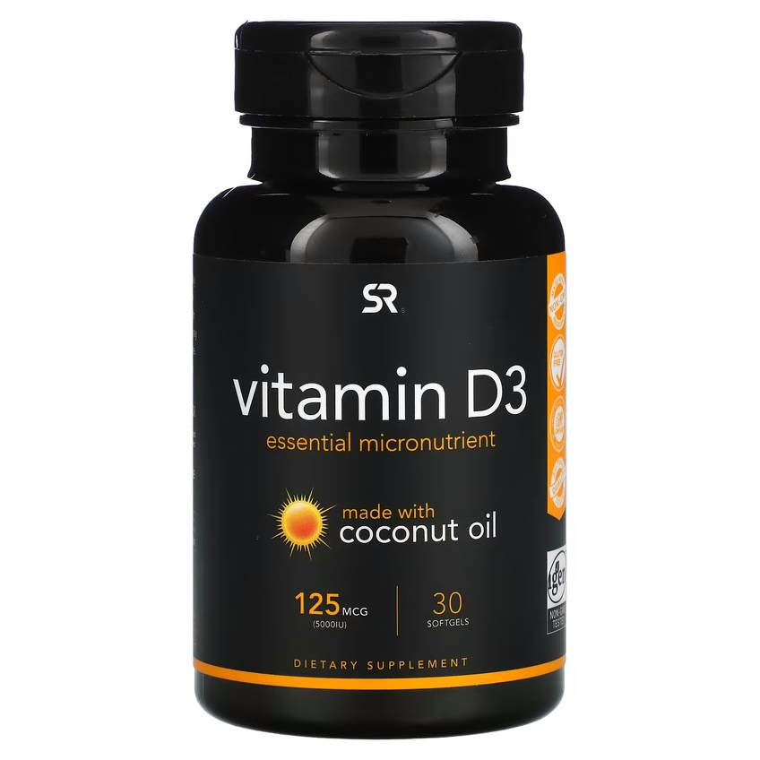 Витамин D3 с кокосовым маслом / Vitamin D with Coconut Oil, 125 мкг (5000 МЕ), Sports Research, 30 гелевых капсул