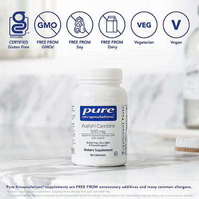 Ацетил-L-карнитин / Acetyl-l-Carnitine, Pure Encapsulations, 500 мг, 60 капсул