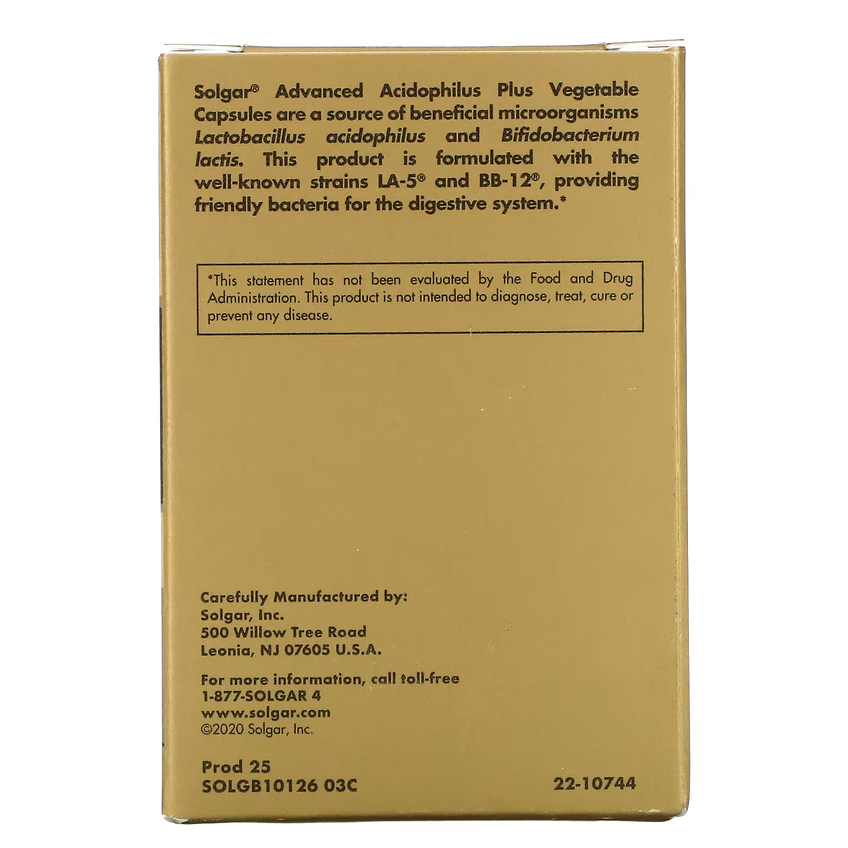 Улучшенный ацидофильный плюс комплекс пробиотиков / Advanced Acidophilus Plus, Solgar, 120 вегетарианских капсул