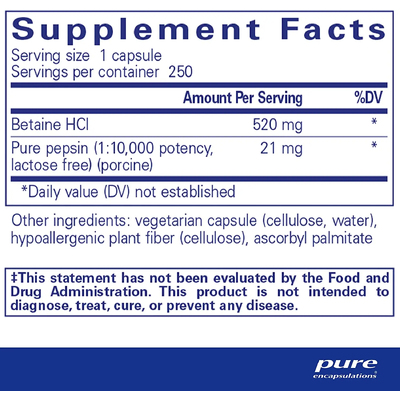 Бетаин HCl/пепсин / Betaine HCL/Pepsin, Pure Encapsulations, 520 мг, 250 капсул