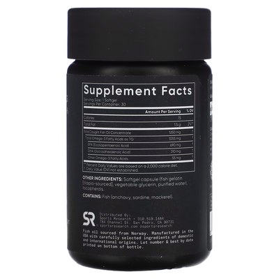Омега-3 из рыбьего жира тройной силы / Omega-3 Fish Oil, Triple Strength, Sports Research, 1250 мг / 1055 мг, 30 гелевых капсул