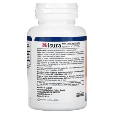 Лютеин / Lutein, Natural Factors, 20 мг, 60 гелевых капсул