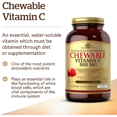 Жевательный витамин С с клюквенно-малиновым вкусом / Chewable Vitamin C Natural Cran-Raspberry, Solgar, 500 мг, 90 жевательных таблеток