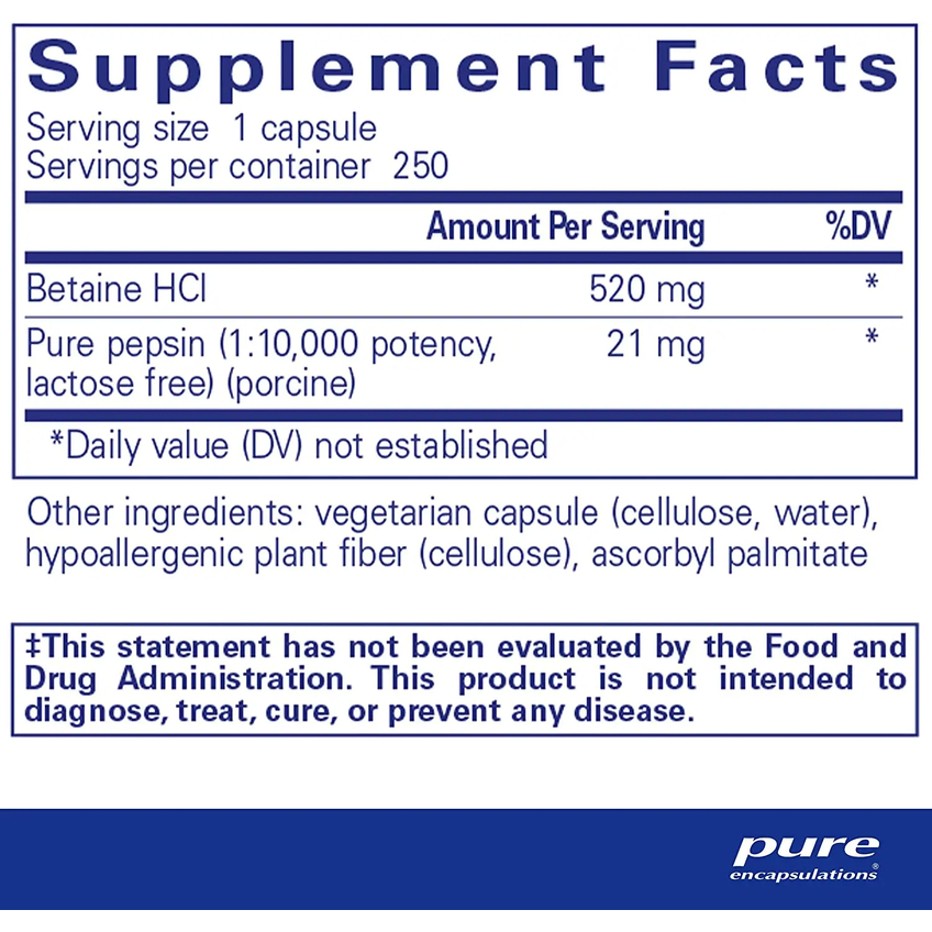 Бетаин HCl/пепсин / Betaine HCL/Pepsin, Pure Encapsulations, 520 мг, 250 капсул