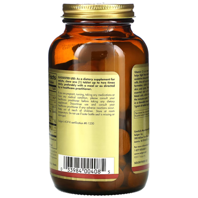 Жевательный витамин С с клюквенно-малиновым вкусом / Chewable Vitamin C Natural Cran-Raspberry, Solgar, 500 мг, 90 жевательных таблеток
