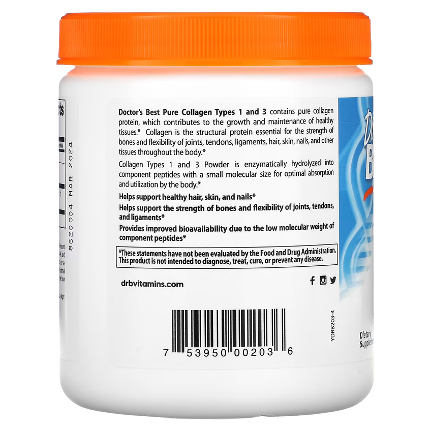Чистий колаген типів 1 та 3 у порошку / Pure Collagen Types 1 and 3 Powder, Doctor's Best, 200 г