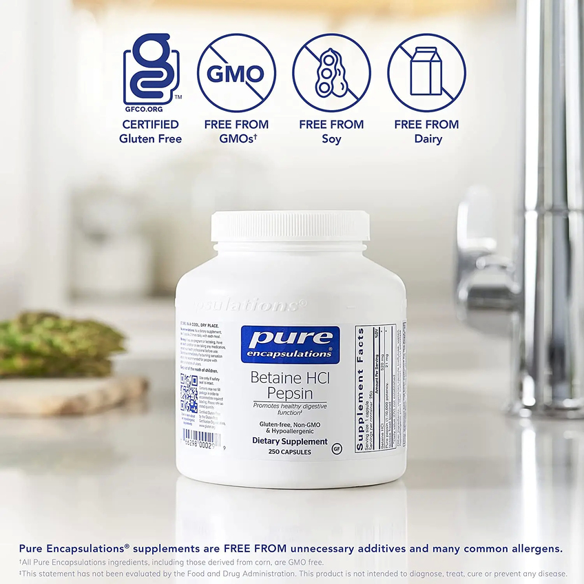 Бетаин HCl/пепсин / Betaine HCL/Pepsin, Pure Encapsulations, 520 мг, 250 капсул