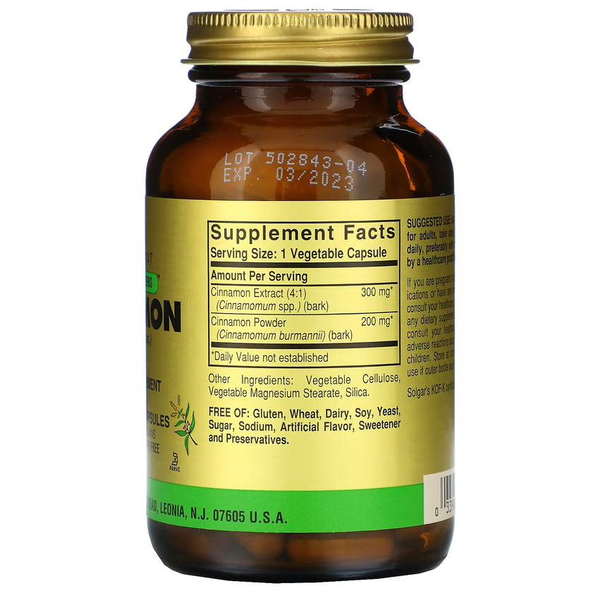 Травы корицы полной эффективности / Full Potency Herbs Cinnamon, Solgar, 300 мг + 200 мг, 100 вегетарианских капсул