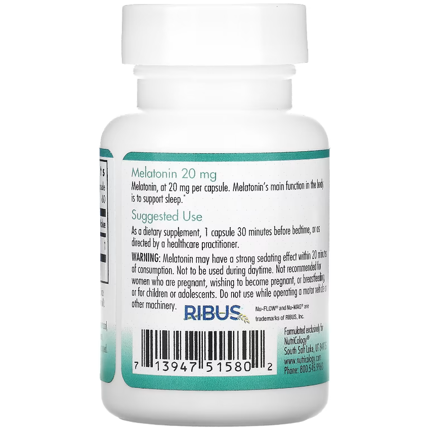 Мелатонин / Melatonin, Nutricology, 20 мг, 60 капсул