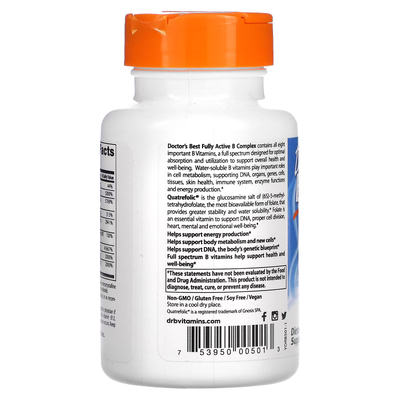 Повністю активний комплекс вітамінів групи B із Quatrefolic / Fully Active B Complex with Quatrefolic, Doctor's Best, 60 вегетаріанських капсул