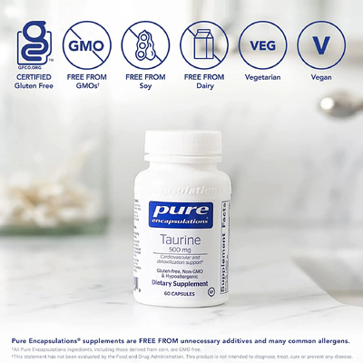 Таурин / Taurine, Pure Encapsulations, 500 мг, 60 капсул