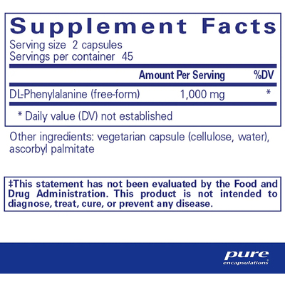 DL-фенилаланин / DL-Phenylalanine, Pure Encapsulations, 1000 мг, 90 капсул
