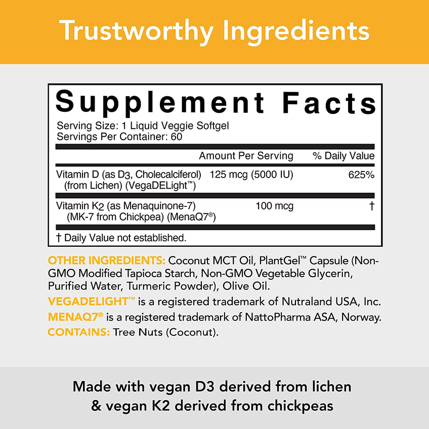Растительные витамины D3 + K2 с кокосовым маслом / Plant-Based Vitamins D3 + K2 with Coconut Oil, Sports Research, 125 мкг (5000 МЕ) + 100 мкг, 60 вегетарианских капсул